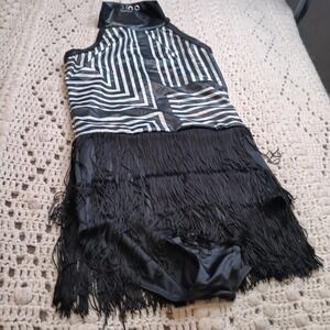 Weissman Dance Costume LC Black Shimmer Fringe Leotard Recital Competition